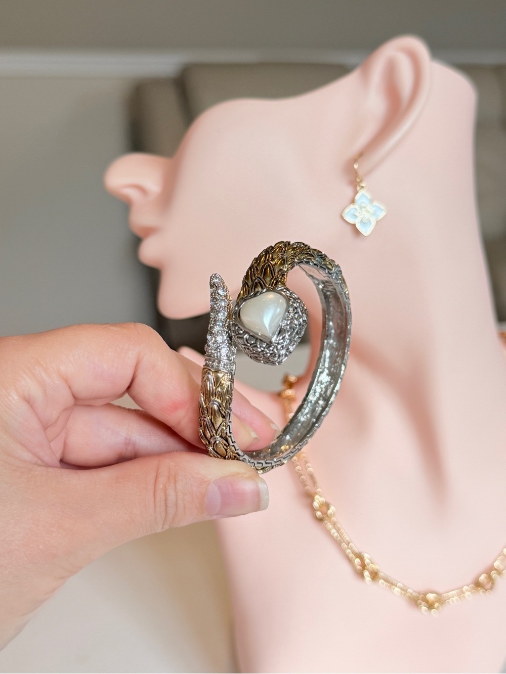 Vintage-Inspired Gold & Silver Serpent Bracelet with Pearl Accent - Picture 8 of 8